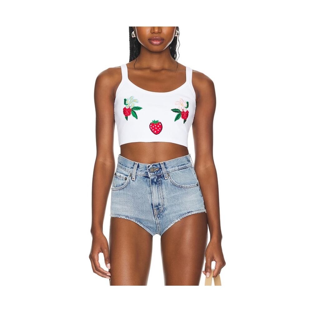 Fiorucci Embroidered White Strawberry Floral Tank Top Size XS